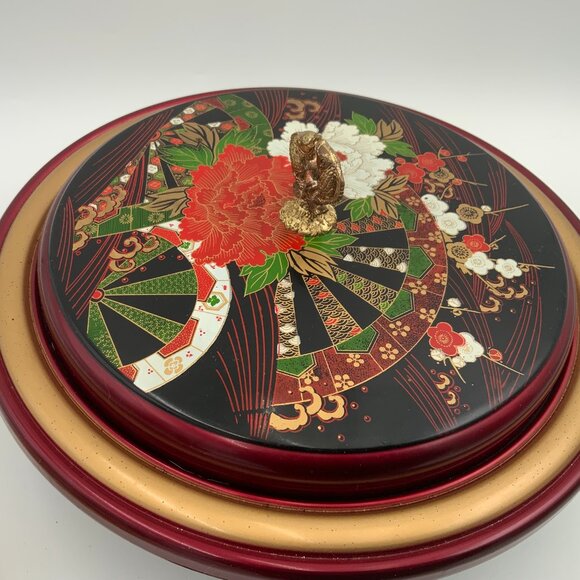 Vtg Republic of China Lazy Susan Lacquer Lidded Footed Serving Tray Fish Handle - Picture 10 of 12